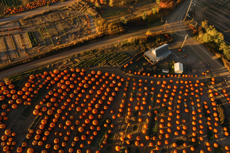 Drone captures pumpkin harvest at a farm, showcasing autumn produce fieldsの素材