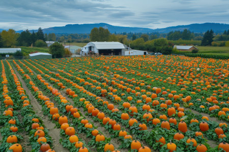 Aerial drone view of pumpkin farm during harvest season with vibrant colorsの素材