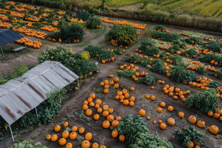 Aerial view of a pumpkin farm during harvest, showcasing colorful fieldsの素材