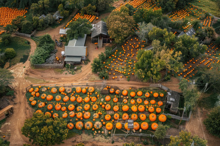 Aerial drone view of pumpkin farm during harvest season with vibrant colorsの素材