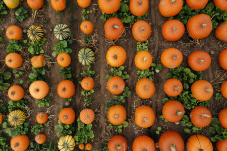 Drone view of a pumpkin farm during harvest, colorful autumn produce spread across fieldsの素材