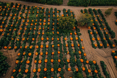 Aerial drone view of pumpkin farm during harvest season with vibrant colorsの素材