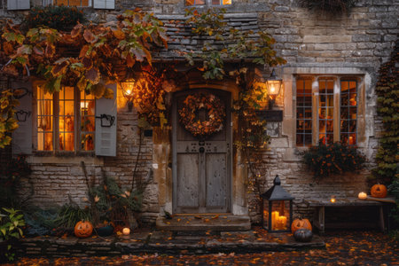 Autumn-inspired English homes decorated with pumpkins, wreaths, and lanternsの素材