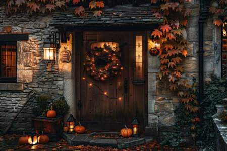 Festive autumn decorations on English houses with glowing lanterns and pumpkins.の素材