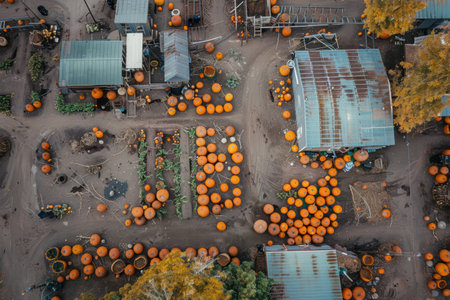Aerial drone view of pumpkin farm during harvest season with vibrant colorsの素材
