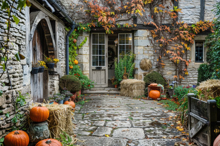 Festive autumn decorations on English houses with glowing lanterns and pumpkins.の素材
