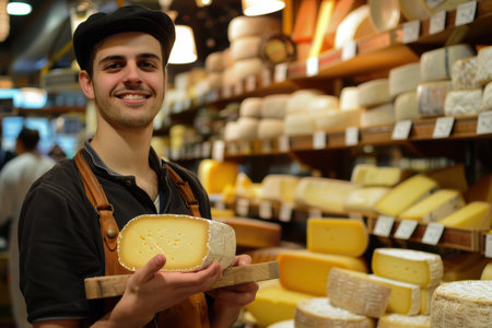 A smiling cheese vendor, 30, showcasing cheese varieties in a European shopの素材