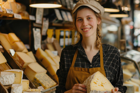 Trendy 30-year-old cheese vendor in a European store, displaying cheeseの素材