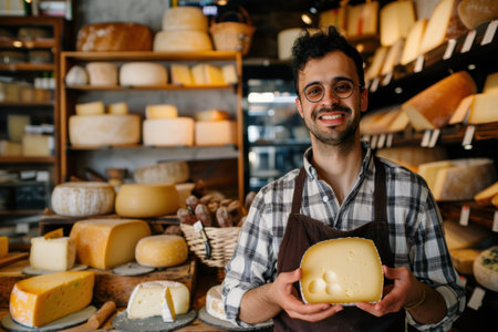 A young stylish vendor holding cheese in a European cheese marketの素材