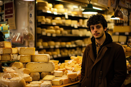 A smiling cheese vendor, 30, showcasing cheese varieties in a European shopの素材