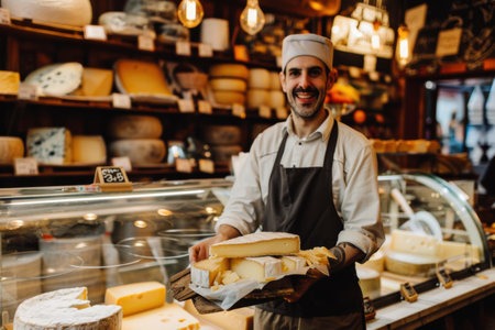 A young stylish vendor holding cheese in a European cheese marketの素材