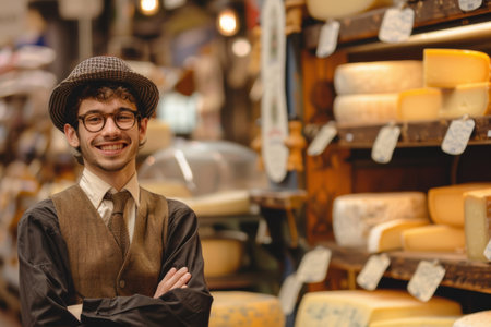 30 year old vendor showing cheese in a European store with cheese displaysの素材