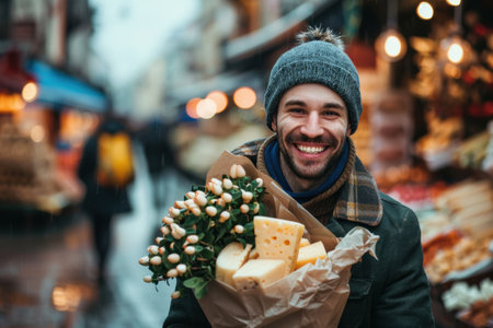 Trendy 30-year-old cheese vendor in a European store, displaying cheeseの素材