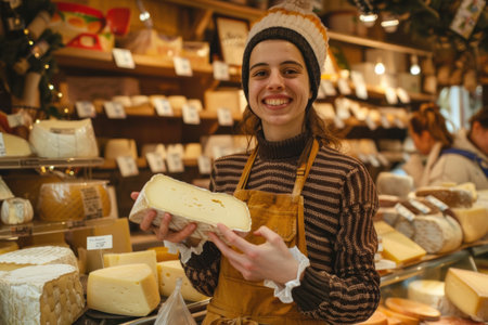 oung stylish cheese vendor, holding cheese in a European cheese store.の素材