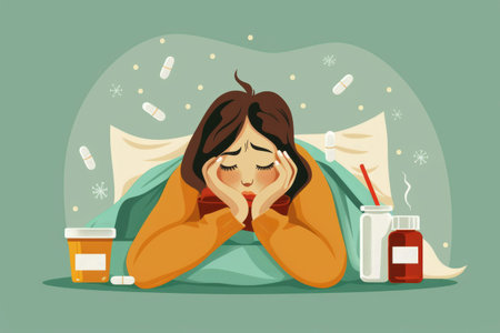 Flu season viruses causing symptoms like fever, sore throat, and fatigueの素材