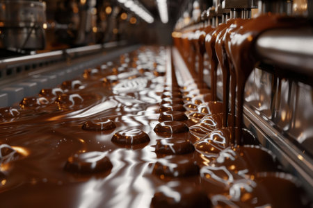 Industrial chocolate factory making candies with machinery and packaging processの素材