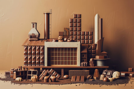 Chocolate factory with conveyor belt producing candies in industrial settingの素材