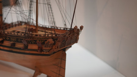Close-up of detailed ship models displayed in a maritime museum, historical vessels..の写真素材