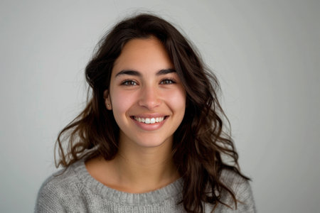 : Portrait of a woman with dark brown hair on a white background, showcasing hairstyleの素材