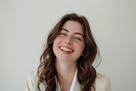 Dark brown haired woman on a white background, glowing skin and smooth hairstyleの素材