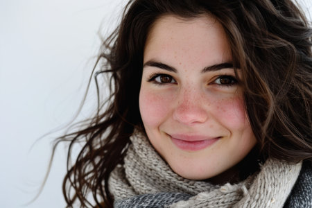 Dark brown hair woman portrait on white background, focusing on beauty and wellnessの素材
