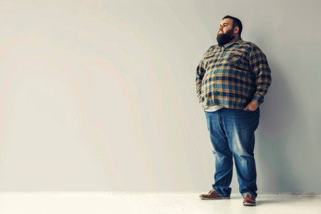 Overweight man with funny expression trying to lose weight at the gymの素材