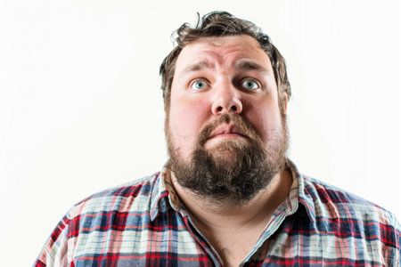 Overweight man with funny expression trying to lose weight at the gymの素材