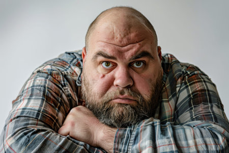 Humorous fat man exercising to lose weight, funny weight loss conceptの素材