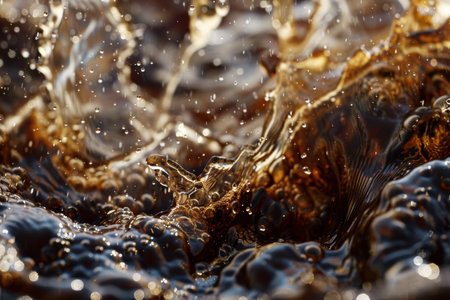 Macro shot of cola with ice cubes melting, bubbles and condensation creating a fresh feelの素材