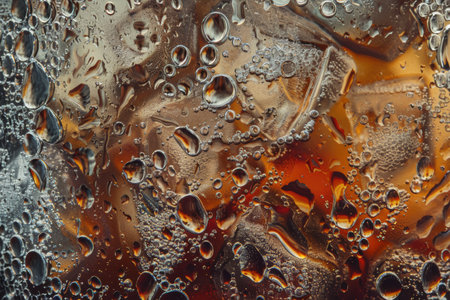 Close-up of cola bubbles rising in a glass, showcasing effervescence and fizzの素材