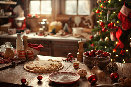 Family gathered in a cozy kitchen baking and decorating Christmas cookies togetherの素材