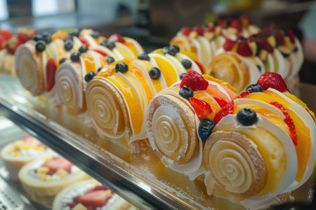 Artisan bakery showcasing swirls with fruit fillings, icing, and flaky layers...の素材
