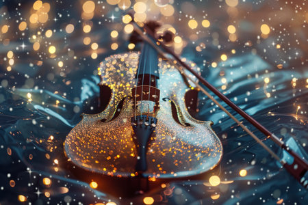 Sparkling musical notes flow from a glowing grand piano in a classical concert hallの素材