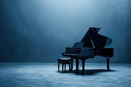 Glowing classical instruments sparkle with floating music notes in a dreamy concert hall.の素材