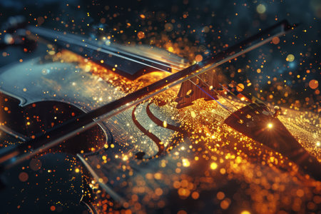 A radiant classical music scene with sparkling notes and glowing instruments in harmony.の素材