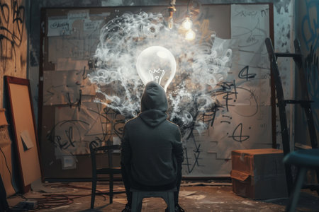 An artist crafting a new abstract work of art, surrounded by vibrant inspiration...の素材