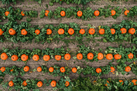 Orange pumpkins in the field, autumn season on a farm, ready for harvest time.の素材
