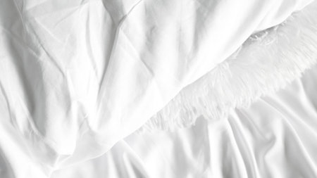 White bedsheets and soft blanket on plain background, minimalistic bedroom style.
