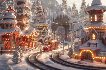 Whimsical Christmas gift factory with conveyor belts, bright presents, festive decor.の素材