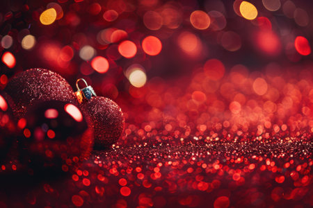 Red Christmas abstract background with festive ornaments and soft lighting.の素材