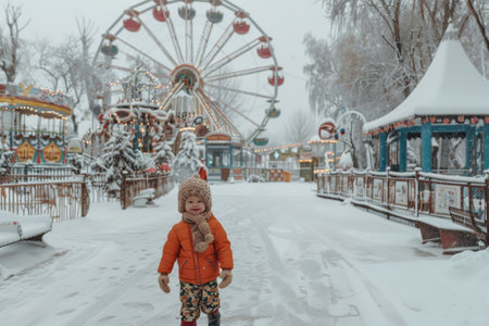 Smiling child in a cozy jacket, near colorful attractions on a snowy day.の素材