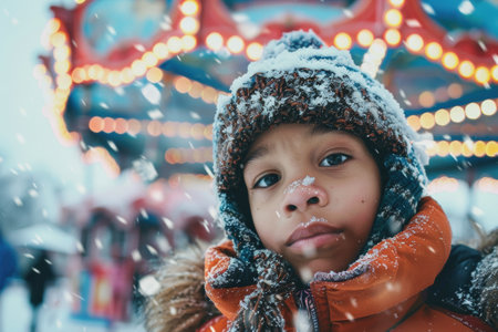 Curious child in fluffy scarf, exploring snow-covered rides at a winter park.の素材