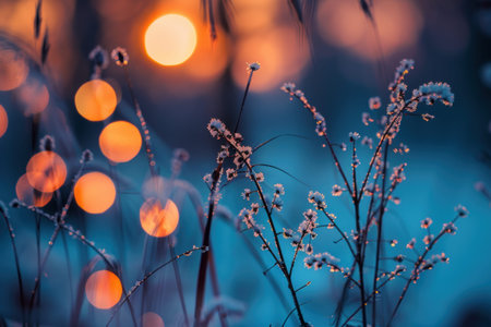 Soft-focus snowy background with falling flakes and a dreamy winter aesthetic.の素材