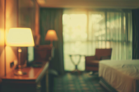 Bright blurred hotel room background with cozy ambiance and warm decor...の素材