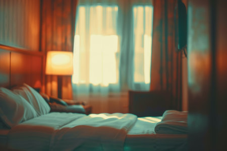 A soft, blurred hotel room background with warm lighting and cozy furnitureの素材