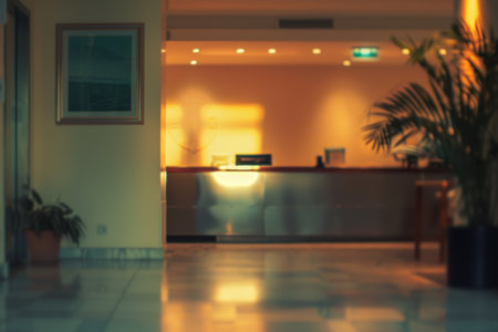 Elegant hotel room in soft blur, showcasing a cozy bed and stylish decor.の素材