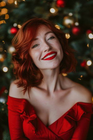 Beautiful woman in red dress smiles by the Christmas tree, full of cheerの素材