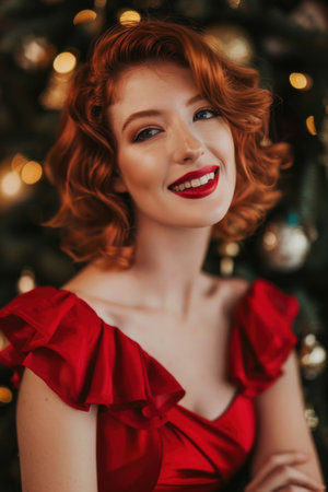 Beautiful woman in red dress smiles by the Christmas tree, full of cheerの素材