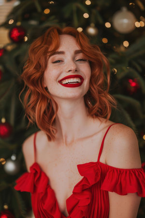 Woman in red dress, beaming with joy beside a decorated Christmas tree.の素材