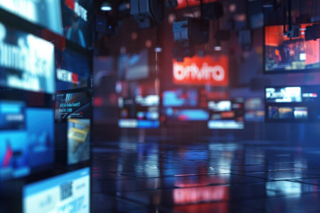 Digital news headlines on abstract background with glowing light effects.の素材